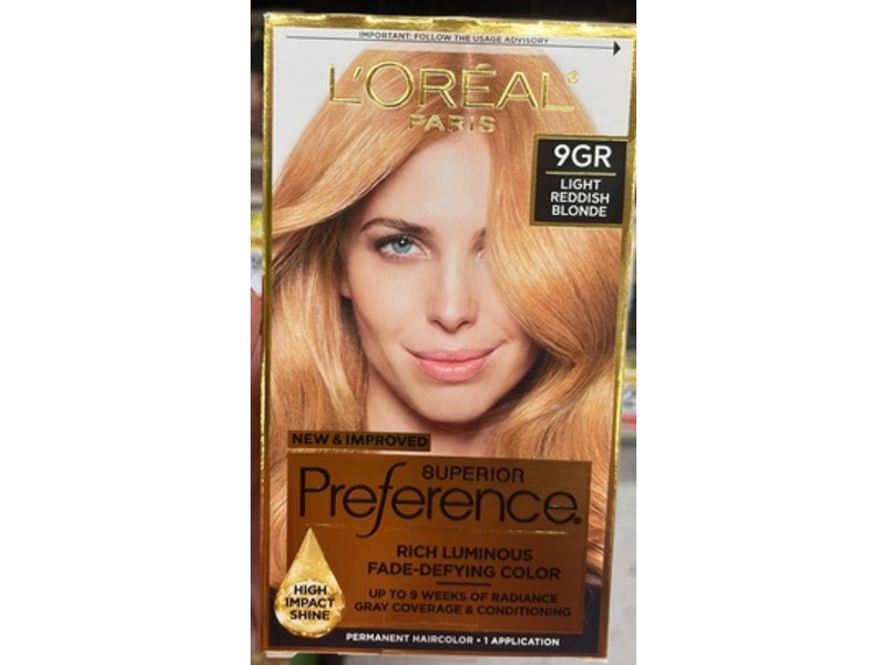 L'Oreal Paris Superior Preference Rich Luminous Fade-Defying Permanent Hair Color, 9GR Light Golden Reddish Blonde, 1 Application