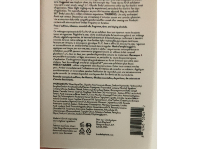 Drunk Elephant T.L.C. Glycolic Body Lotion, Marula +Shea Butters, 8 fl oz/240 mL