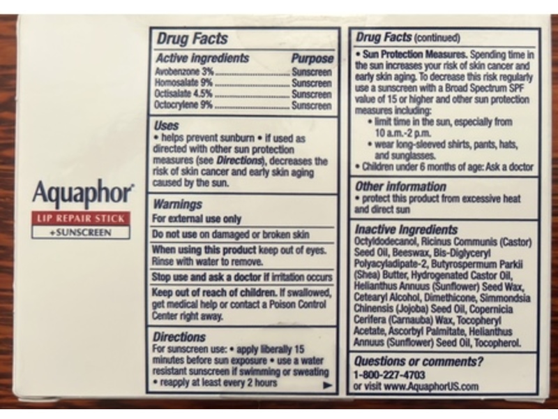 Aquaphor Sunscreen + Lip Repair Stick, SPF 30, 0.17 oz/4.8 g, Pack Of 4