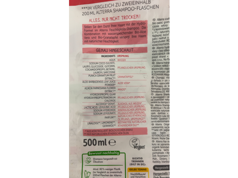 Rossmann Moisturizing Shampoo, Organic Pomegranate, 500 mL