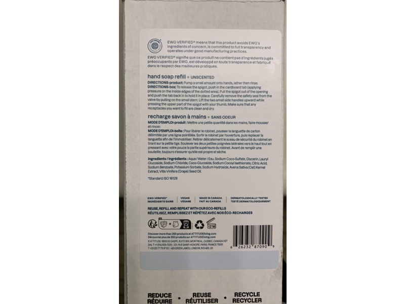 Attitude Sensitive Natural Hand Soap Refill, Unscented, 67.6 fl oz/2 L