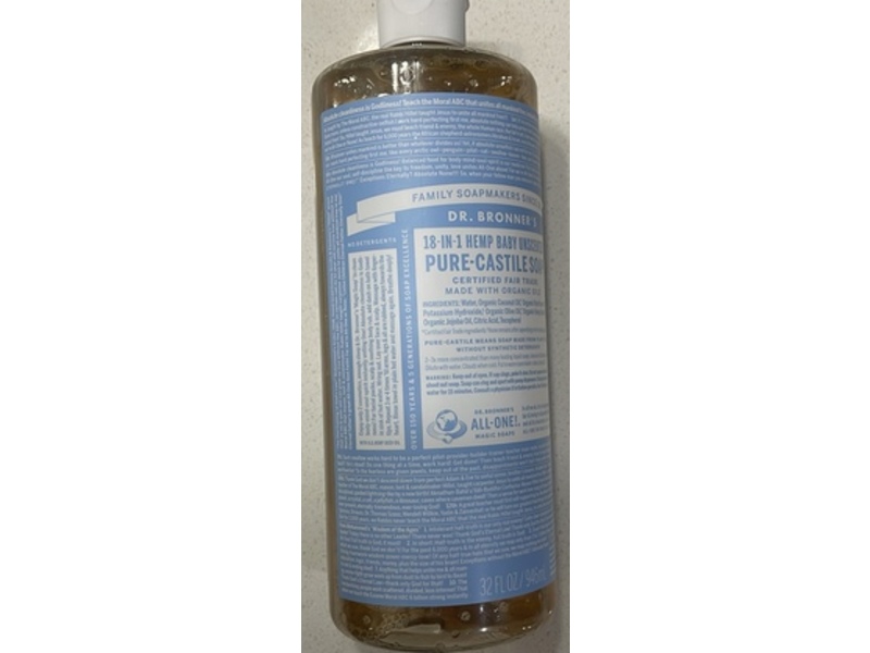 Dr. Bronner's 18 In 1 Hemp Baby Pure-Castile Soap, Unscented, 32 fl oz/946 mL