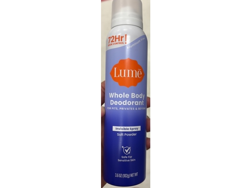 Lume Whole Body Deodorant Invisible Spray, Soft Powder, 3.6 oz/ 102 g