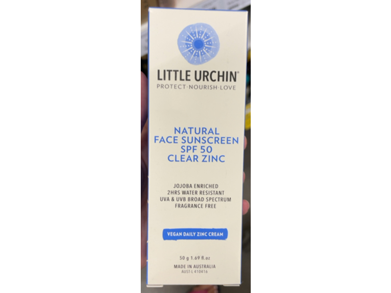 Little Urchin Natural Face Sunscreen, Clear Zinc, SPF 50, 1.69 fl oz/50 g