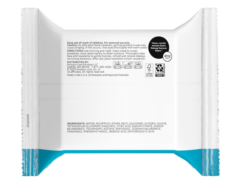 Amazon Basics Makeup Remover Wipes, Hydrating, 25 Count