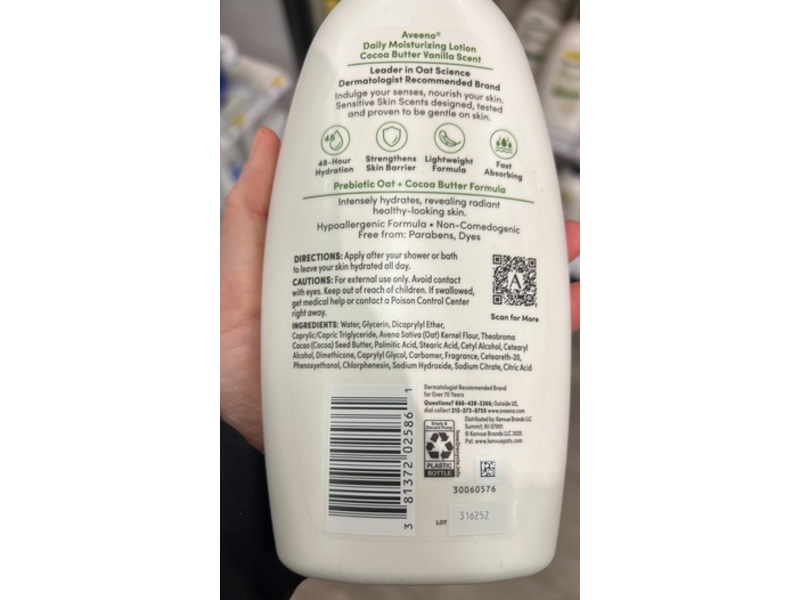 Aveeno Daily Moisturizing Lotion, Cocoa Butter Vanilla Scent, 18 fl oz/532 mL