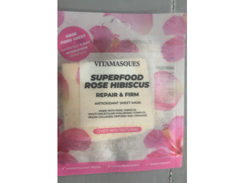 Vitamasques Superfood Repair & Firm Antioxidant Sheet MAsk, Rose Hibiscus, 0.77 fl oz/23 mL