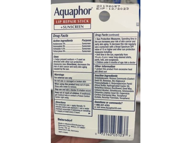 Aquaphor Lip Balm Repair Stick + Sunscreen, SPF 30, 0.17 oz/4.8 g