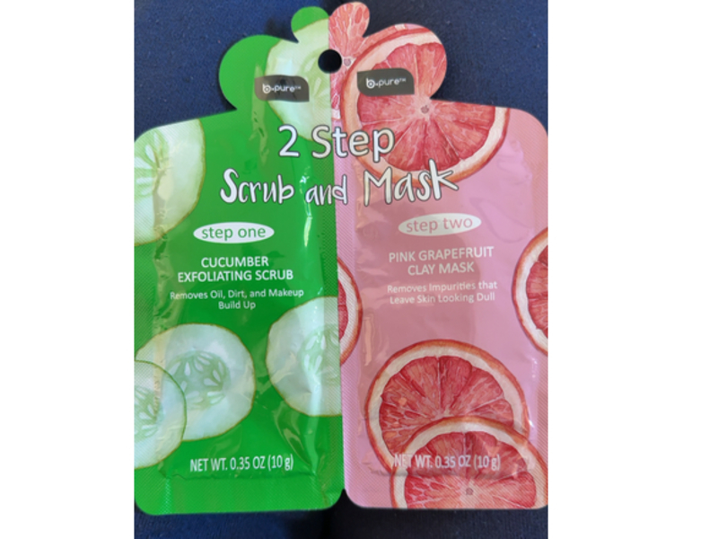 b.Pure Exfoliating Scrub + Clay Mask, Cucumber + Pink Grapefruit, 0.35 fl oz/10 g