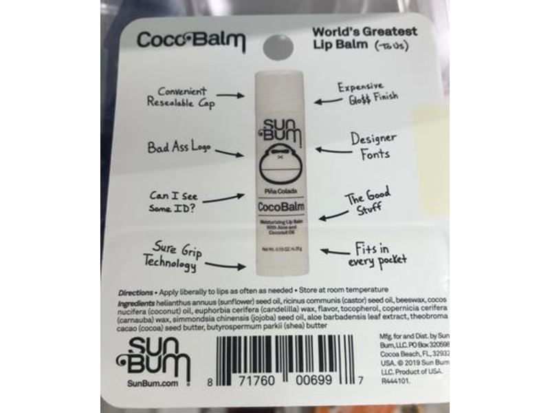 Sun Bum Pina Colada Cocobalm Moisturizing Lip Balm, Alae & Coconut Oil, 0.15 oz/4.25 g