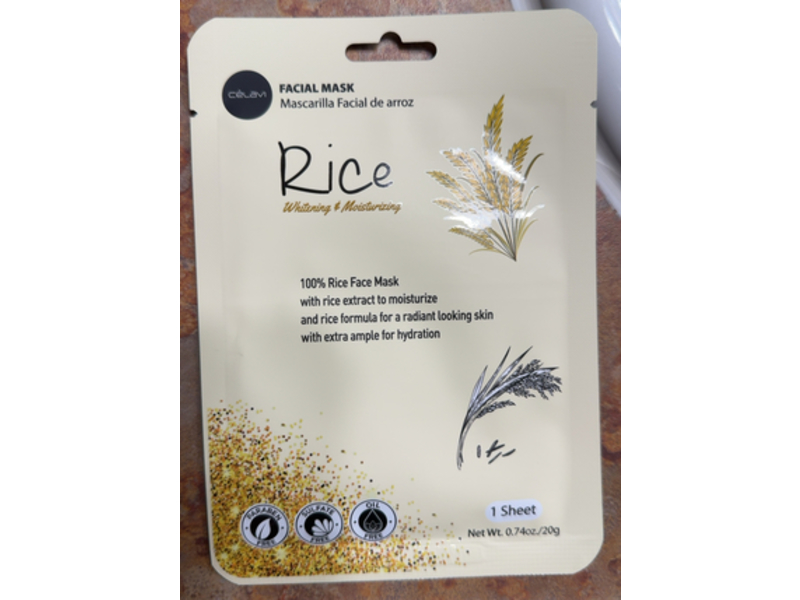 Celavi Whitening & Moisturizing Facial Mask, Rice, 0.74 oz/20 g