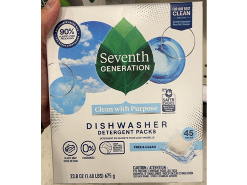 Seventh Generation Dishwasher Detergent Packs, Free & Clear, 23.8 oz/675 g, 45 Count, Pack Of 2
