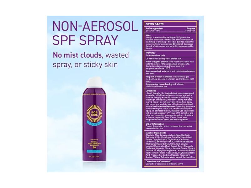 Bob Kids Spray On Lotion Sunscreen, SPF 50, 6 fl oz/177 mL