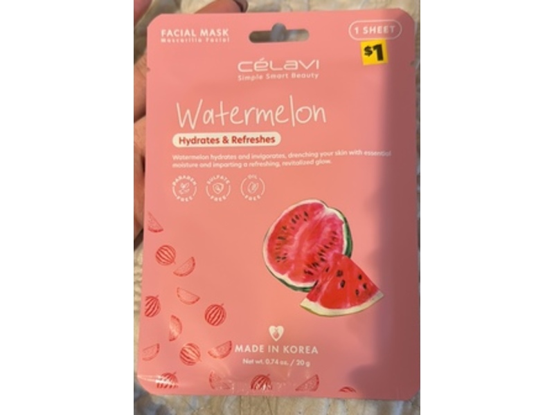 Celavi Facial Mask, Watermelon, 0.74 oz/20 g
