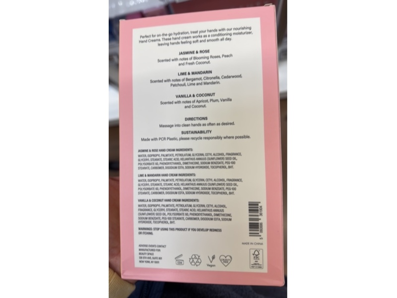 Beauty Space Hand Cream Set, Jasmine & Rose, Lime & Mandarin , Vanilla & Coconut, 3.38 fl oz/100 mL