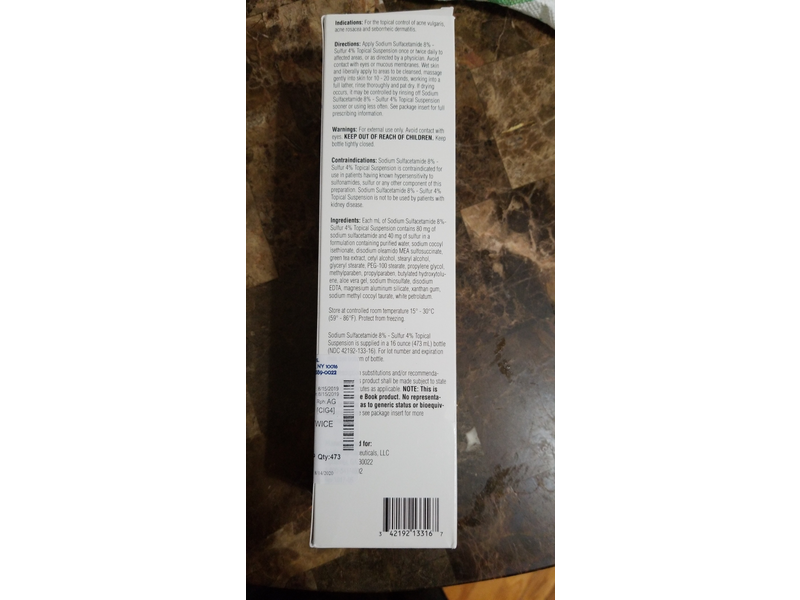 Sodium Sulfacetamide 8%-Sulfur 4% Topical Suspension, 473 mL, Acella Pharmaceuticals (RX)