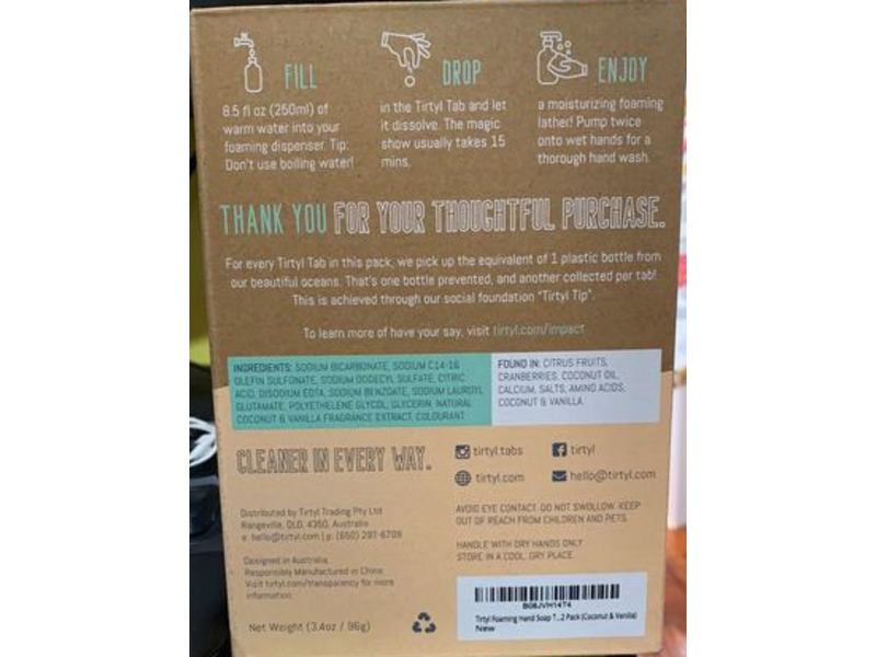 Tirtyl Foaming Hand Soap, Coconut & Vanilla, 3.4 oz/96 g, Pack Of 12