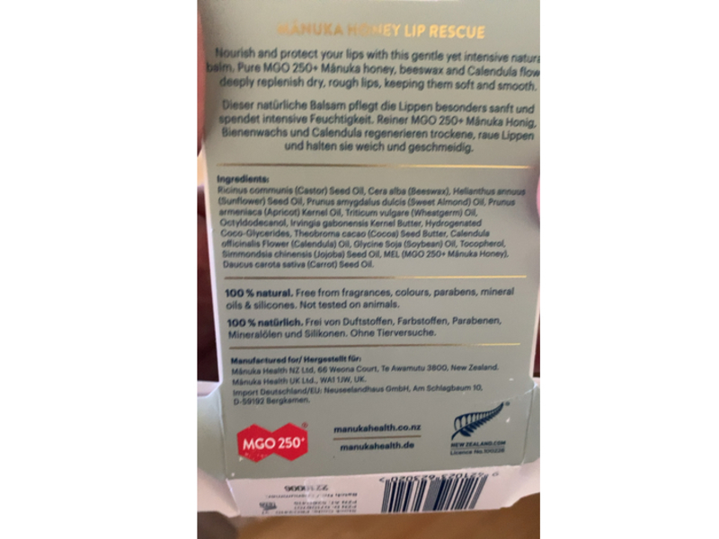 Manuka Health Lip Rescue Lip Balm, Manuka Honey, 0.16 oz/4.5 g