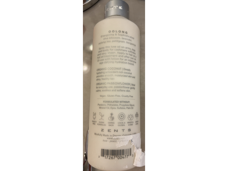 Zents Luminous Cashmere Body Oil, Oolong, 8 fl oz/240 mL