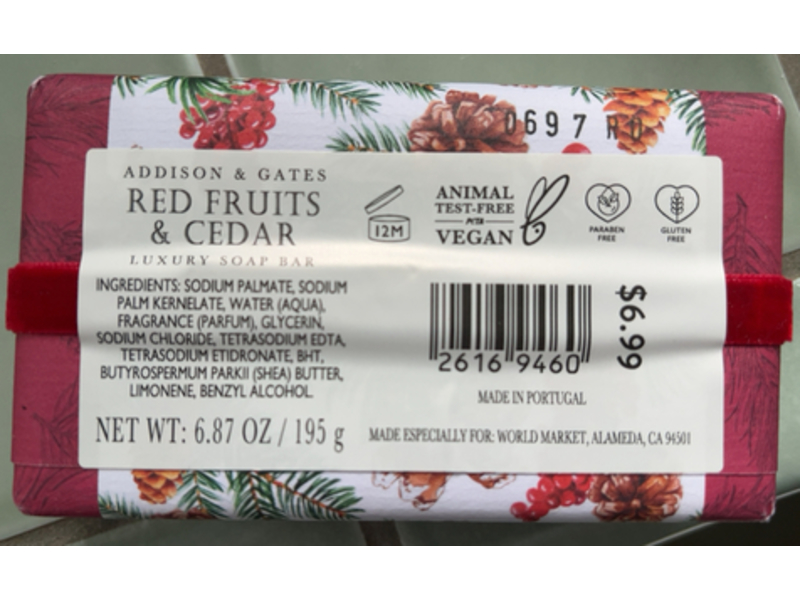 Addison & Gates Luxury Soap Bar, Red Fruits & Cedar, 6.87 oz/195 g