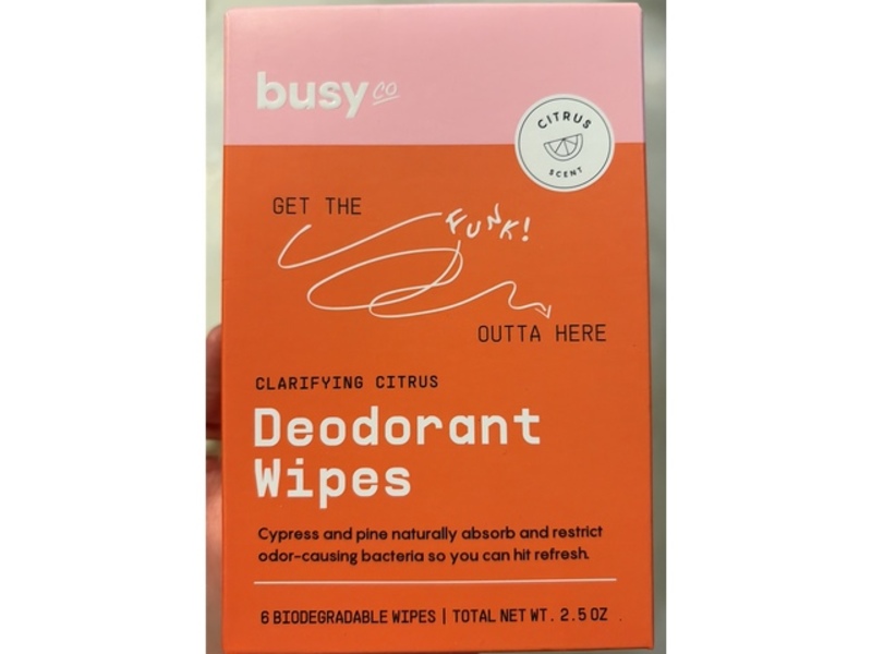Busy Co Clarifying Citrus Deodorant Wipes, Citrus Scent, 2.5 oz, 6 Count
