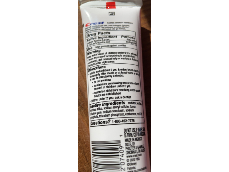 Crest Fluoride Anti Activity Toothpaste, Bubblegum, 4.2 oz/119 g, Ages 3+