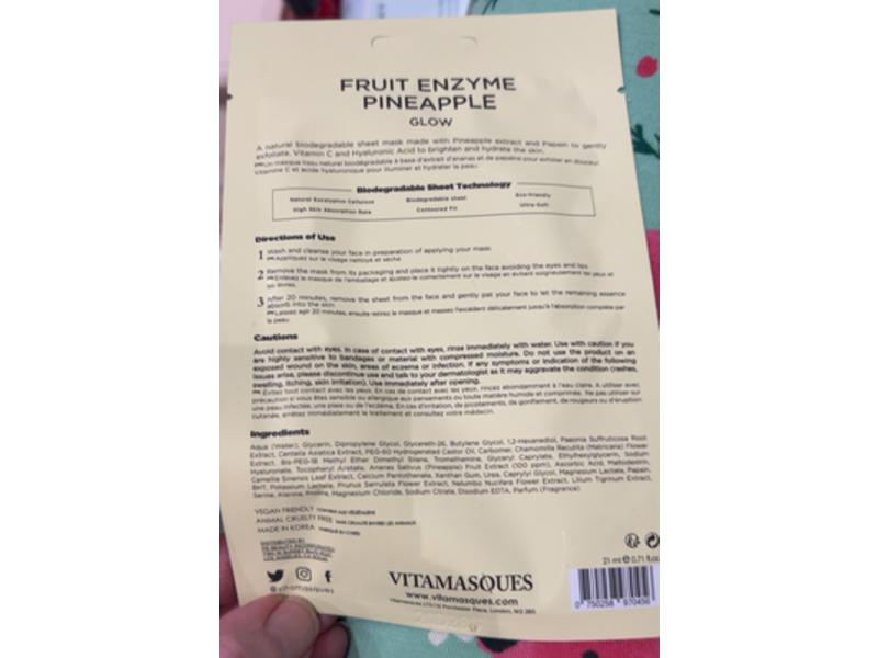 Vitamasques Fruit Enzyme Sheet Mask, Pineapple, 0.71 fl oz/21 mL
