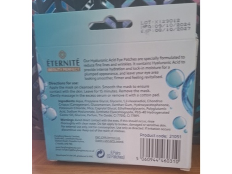 Eternite Under Eye Patches, Hyaluronic Acid, 6 Pairs/12 Patches