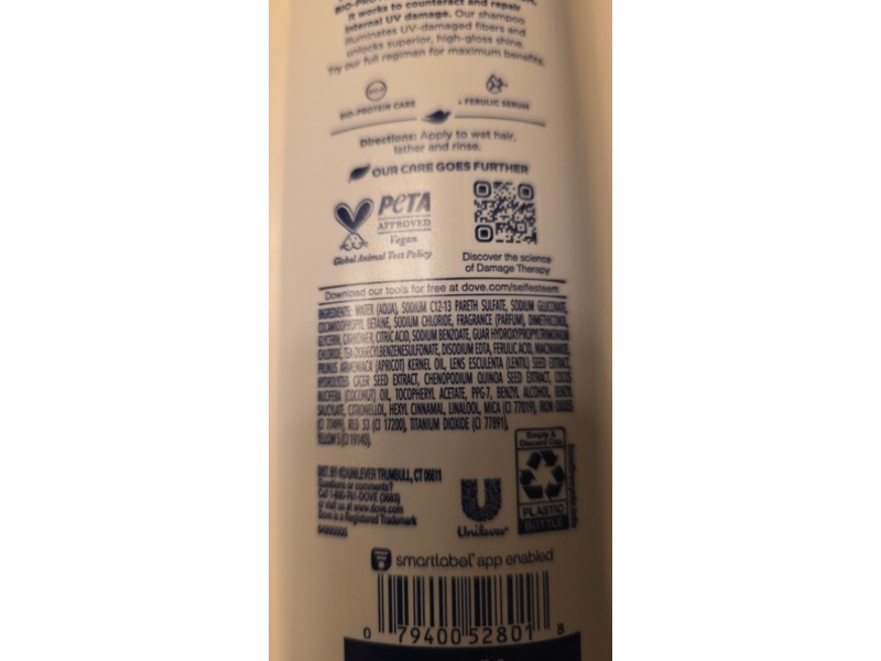 Dove UV Repair & Glow Damage Shampoo, Bio Protein Care+Ferulic Serum, 12 fl oz/355 mL