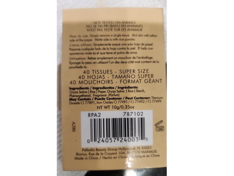 Palladio Rice Paper Oil-Absorbing Blotting Tissues, Translucent RPA2, 0.35 oz/10 g, 40 Count