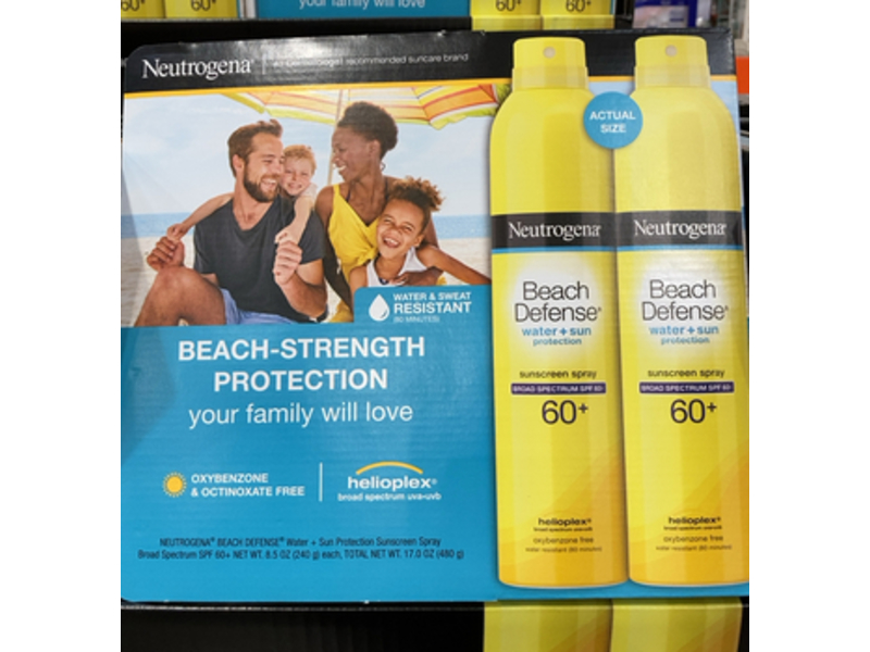 Neutrogena Beach Defense Water + Sun Protection Sunscreen Spray, SPF 60+, 17.0 oz/480 g, Pack Of 2