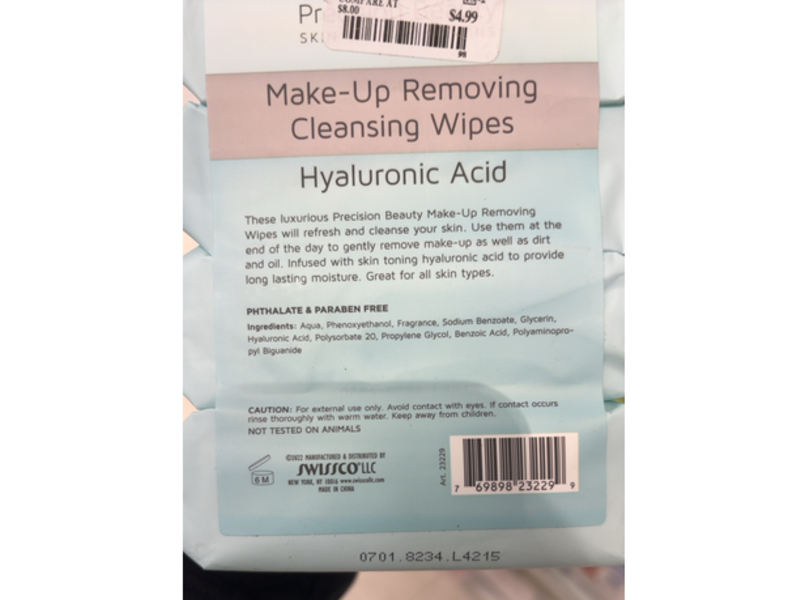 Precision Beauty Make-Up Removing Cleansing Wipes, Hyaluronic Acid, 30 Wipes, Pack of 4
