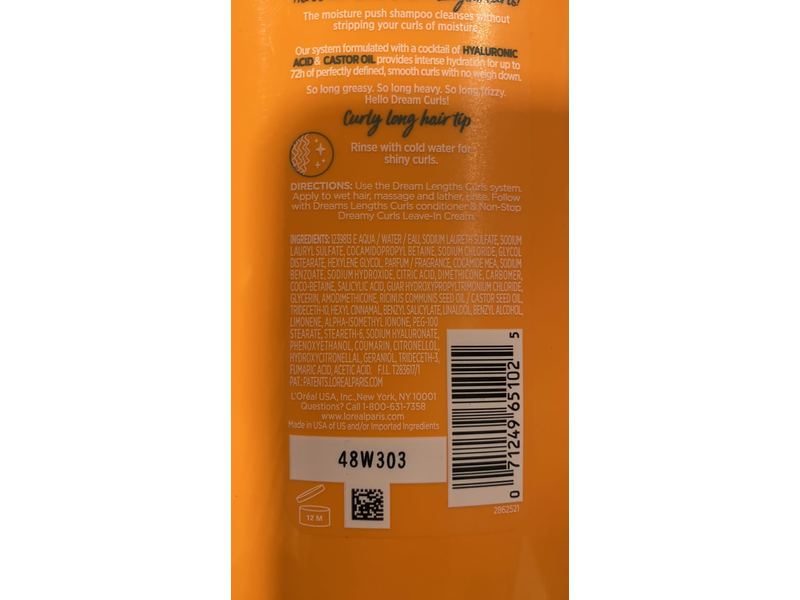 L'Oreal Paris Elvive Dream Lengths Curls Moisture Push Shampoo, Wavy To Curly Hair, 28 fl oz/828 mL