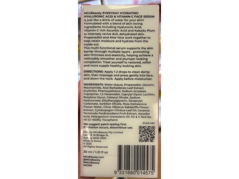MCoBeauty Everyday Face Serum, Hyaluronic Acid & Vitamin C, 1.01 fl oz/30 mL
