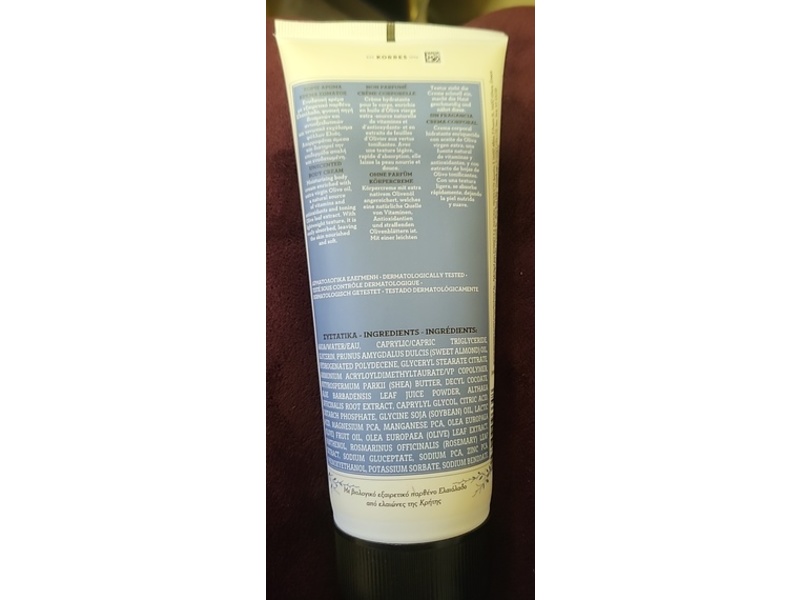 Korres Pure Greek Olive Body Cream, Unscented, 6.76 fl oz/200 mL