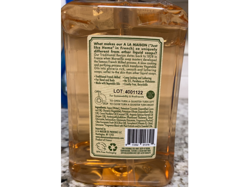 A La Maision De Provence Lemon Liquid Hand Soap, Olive & Argan Oil, 16.9 fl oz/500 mL