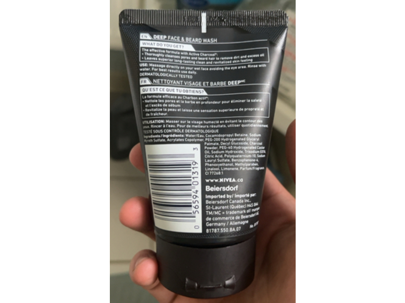 Nivea Men Deep Clean Proprete Face & Beard Wash, Anti Charcoal, 100 mL