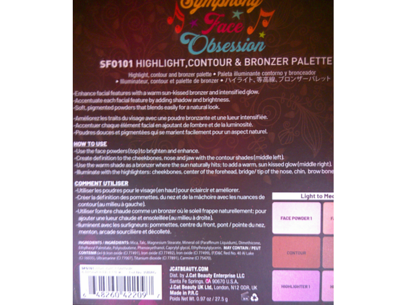 J.Cat Beauty, Symphony Face Obsession, Highlight, Contour & Bronzer Palette, SFO 101, Light/Medium, 0.97 oz/27.5 g