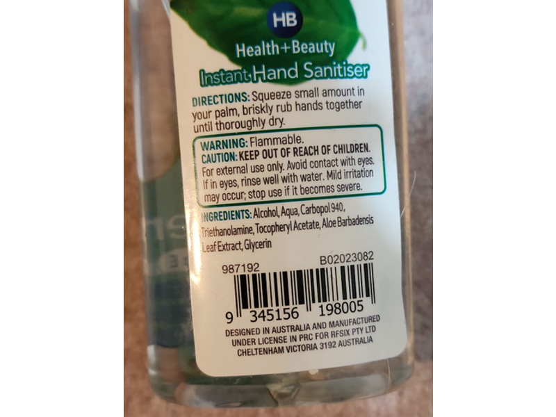 Health + Beauty Instant Hand Sanitiser, Aloe & Vitamin E , 60 mL