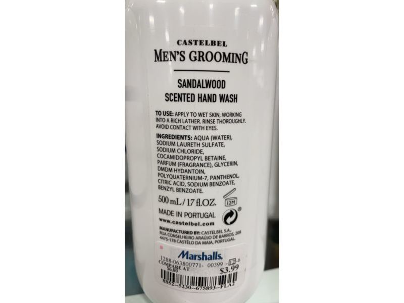 Castelbel Men's Grooming Luxury Hand Wash, Sandalwood, 17 fl oz/500 mL