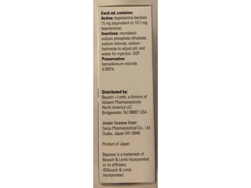 Bepreve (Bepotastine Besilate Ophthalmic Solution) 1.5%, 10 mL Bausch & Lomb (RX)