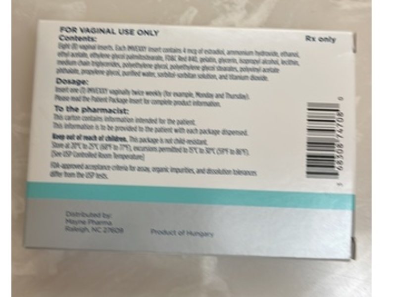 Imvexxy (estradiol vaginal inserts) 4 mcg, 8 Count, Mayne Pharma (Rx)