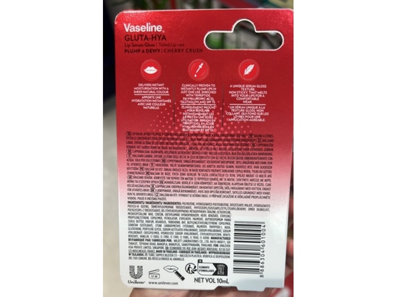 Vaseline Gluta-Hya Plump & Dewy Lip Serum Gloss, Cherry Crush, SPF 15, 10 mL