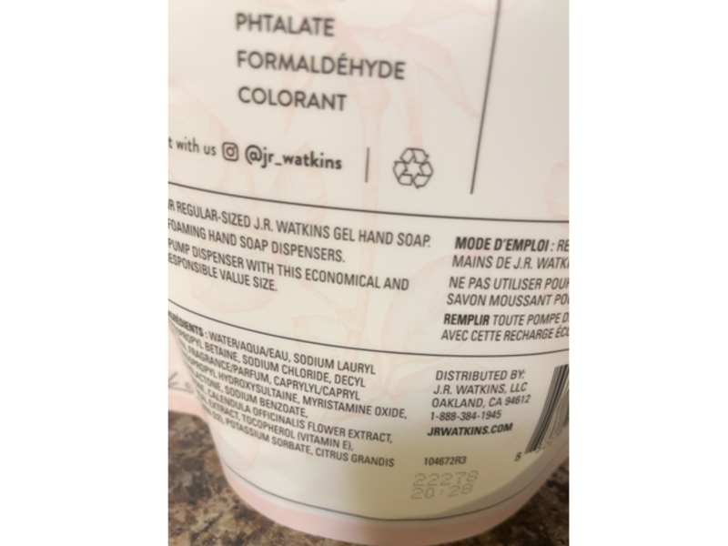 J.R Watkins Gel Hand Soap Refill, Rose Water, 34 fl oz/1 L, Pack Of 3