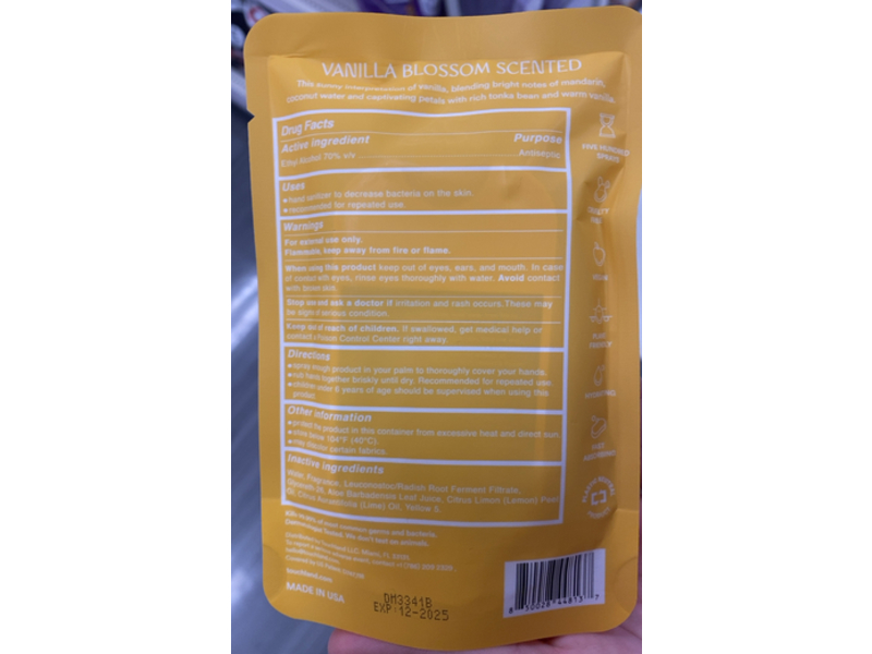 Touchland Power Mist Hydrating Hand Sanitizer, Vanilla Blossom, 1 fl oz/30 mL