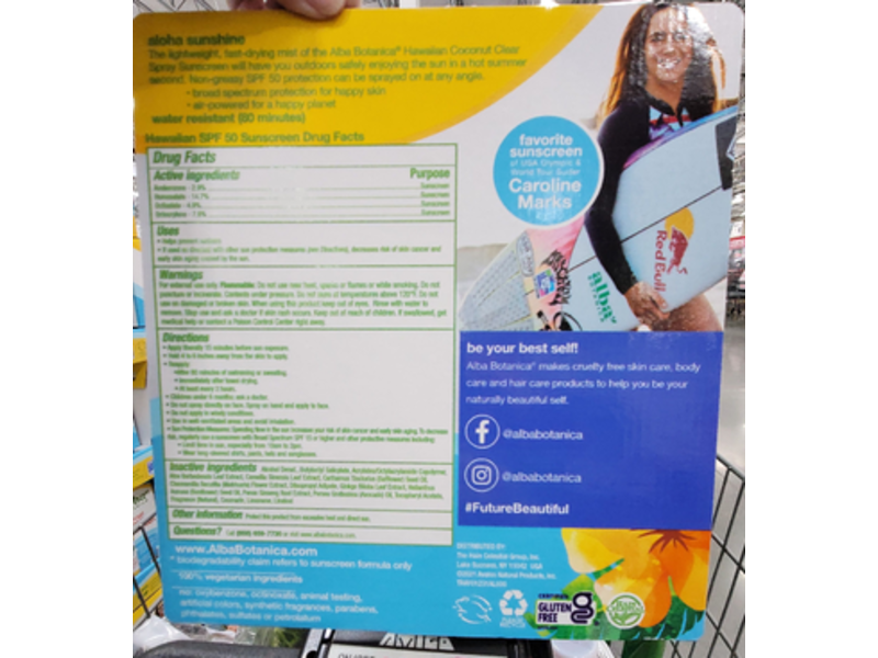 Alba Botanica Hawaiian Sunscreen Coconut Clear Spray, SPF 50, 6 fl oz/70 g, Pack Of 2