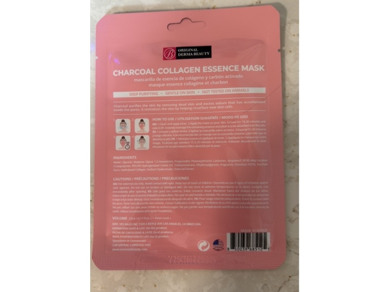 Original Derma Beauty Charcoal Collagen Essence Mask, 0.77 fl oz/23 mL
