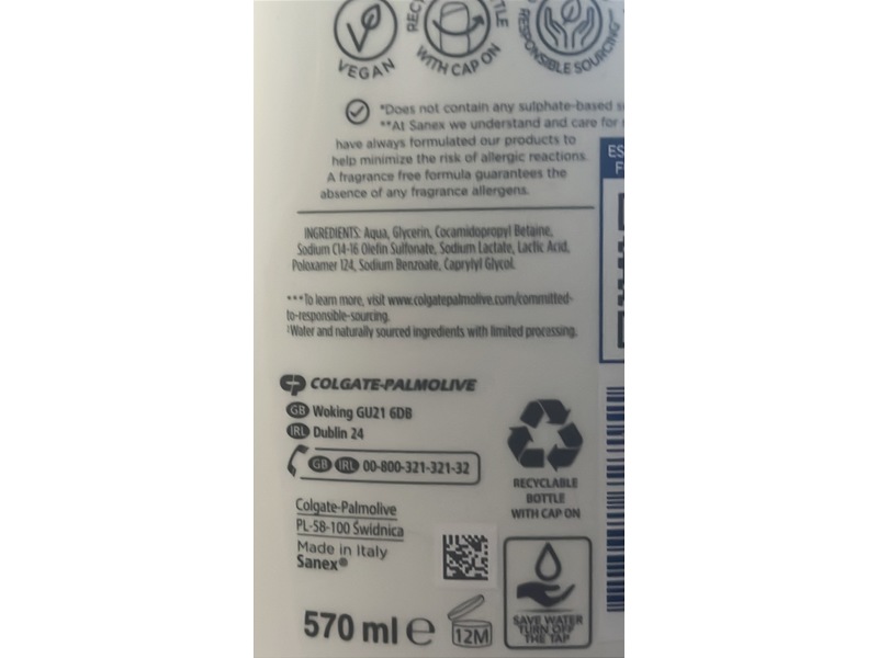 Sanex Zero% Hypoallergenic Sensitive Shower Gel, 570 mL