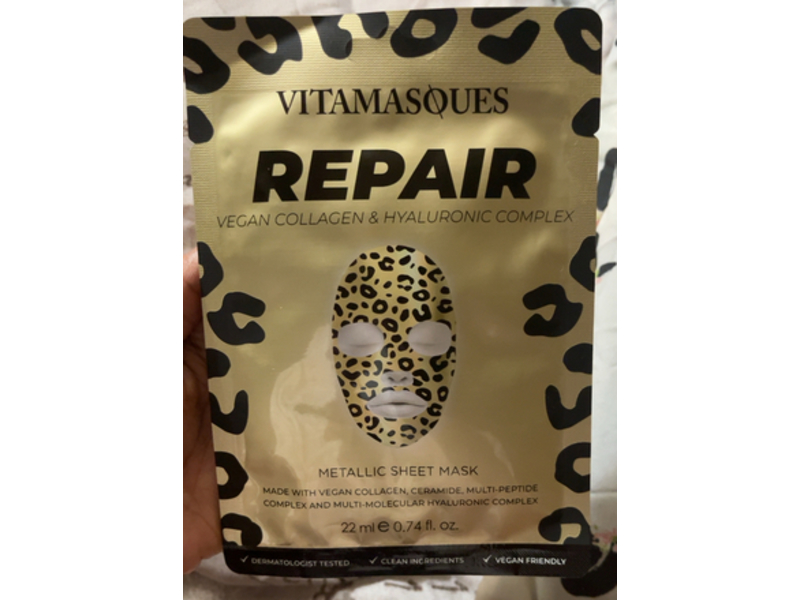 Vitamasques Repair Metallic Sheet Mask, Vegan Collagen & Hyaluronic Complex, 0.74 fl oz/22 mL