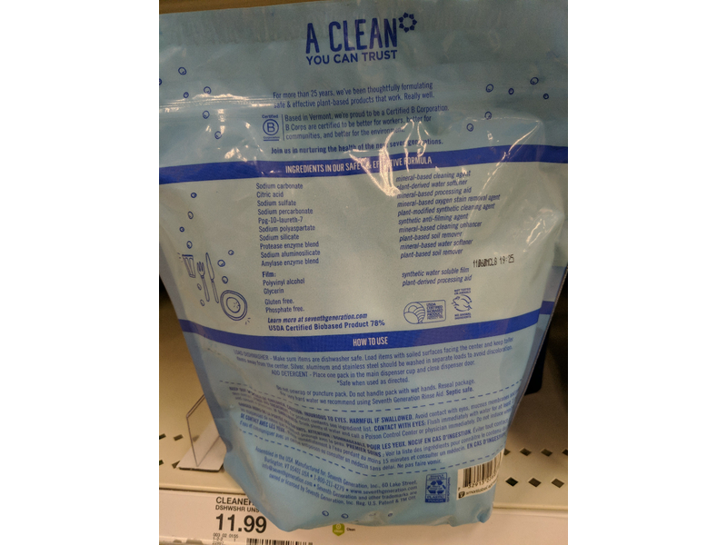 Seventh Generation Dishwasher Detergent Packs, Free & Clear, 28.5 oz/810 g, 45 Count